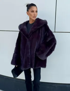 Норковый полушубок автоледи с капюшоном - цвет инжир