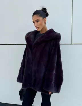 Норковый полушубок автоледи с капюшоном - цвет инжир