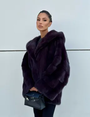 Норковый полушубок автоледи с капюшоном - цвет инжир