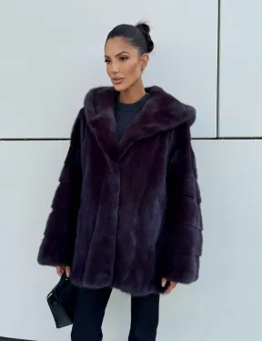 Норковый полушубок автоледи с капюшоном - цвет инжир