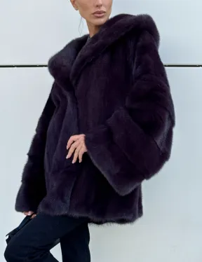 Норковый полушубок автоледи с капюшоном - цвет инжир