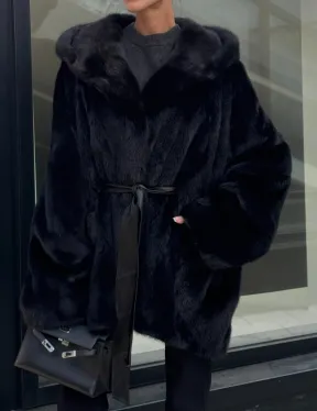 Шуба норковая натуральная с капюшоном кобра - накладные карманы