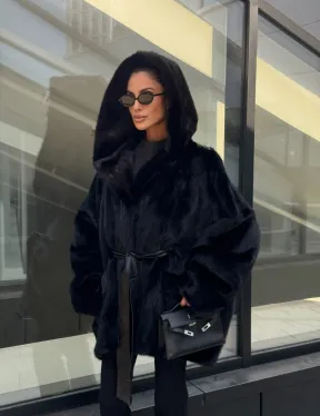 Шуба норковая натуральная с капюшоном кобра - накладные карманы