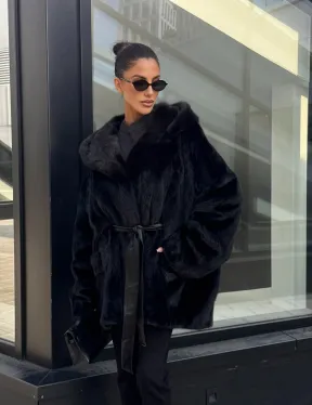 Шуба норковая натуральная с капюшоном кобра - накладные карманы