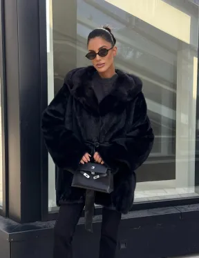 Шуба норковая натуральная с капюшоном кобра - накладные карманы