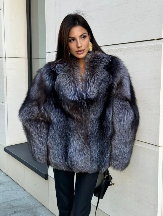 Шуба из меха чернобурки с английским воротником, цельные пластины - серая