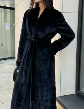 Шуба халат из аукционного меха норки, V-образный воротник с поясом