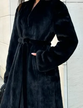 Шуба халат из аукционного меха норки, V-образный воротник с поясом