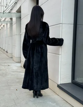 Шуба халат из аукционного меха норки, V-образный воротник с поясом