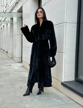 Шуба халат из аукционного меха норки, V-образный воротник с поясом