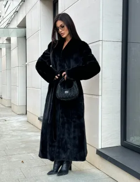 Шуба халат из аукционного меха норки, V-образный воротник с поясом