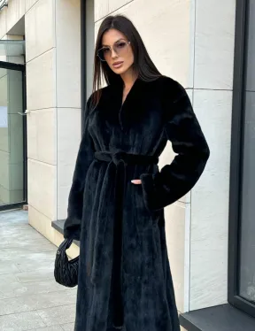 Шуба халат из аукционного меха норки, V-образный воротник с поясом