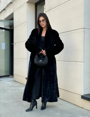 Шуба халат из аукционного меха норки, V-образный воротник с поясом