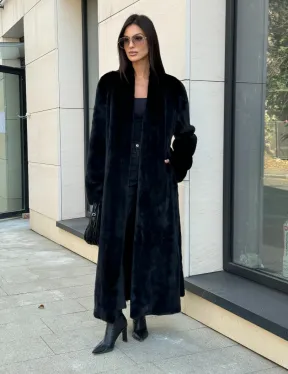 Шуба халат из аукционного меха норки, V-образный воротник с поясом