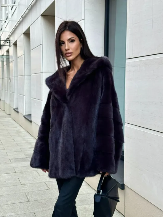 Меховое полупальто из аукционной норки с капюшоном Dark violet