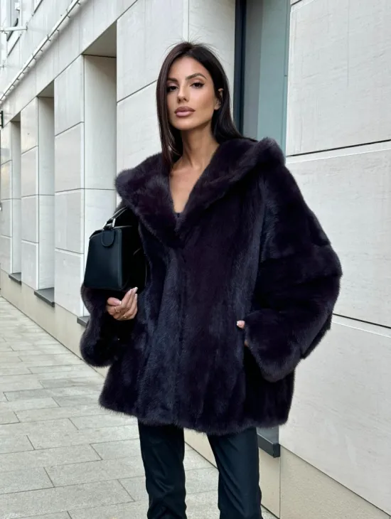 Меховое полупальто из аукционной норки с капюшоном Dark violet