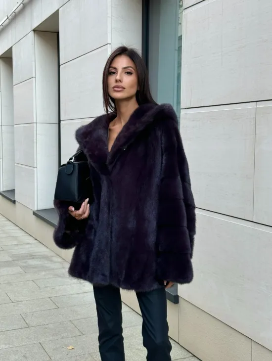 Меховое полупальто из аукционной норки с капюшоном Dark violet
