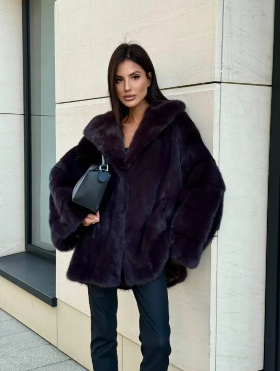 Меховое полупальто из аукционной норки с капюшоном Dark violet
