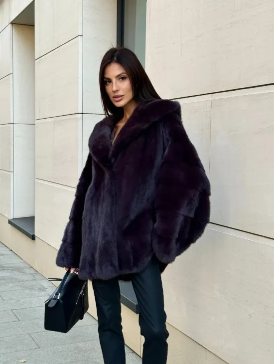 Меховое полупальто из аукционной норки с капюшоном Dark violet