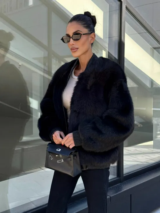 Бомбер женский из натуральной тосканы - черный