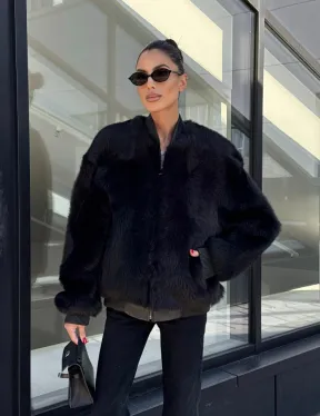 Бомбер женский из натуральной тосканы - черный