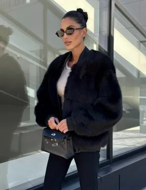 Бомбер женский из натуральной тосканы - черный