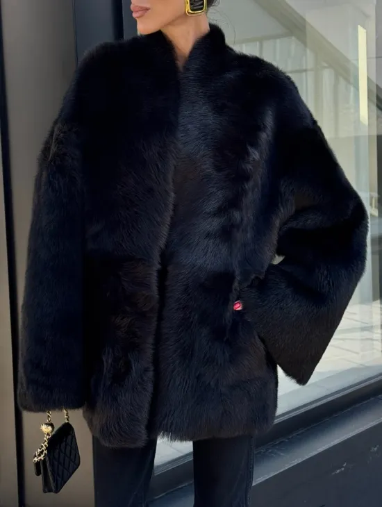 Двухсторонняя черная шуба-дублёнка из итальянской  тосканы