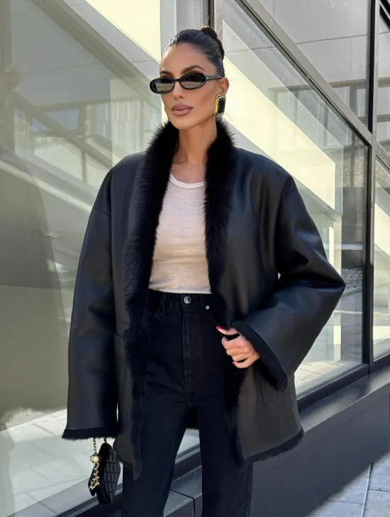 Двухсторонняя черная шуба-дублёнка из итальянской  тосканы