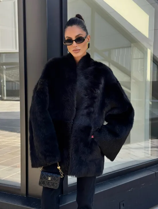 Двухсторонняя черная шуба-дублёнка из итальянской  тосканы