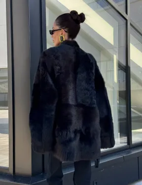 Двухсторонняя черная шуба-дублёнка из итальянской  тосканы