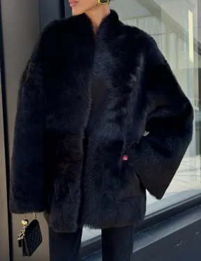 Двухсторонняя черная шуба-дублёнка из итальянской  тосканы