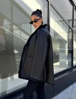 Двухсторонняя черная шуба-дублёнка из итальянской  тосканы