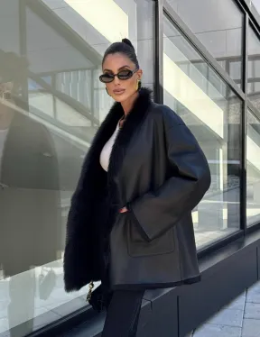 Двухсторонняя черная шуба-дублёнка из итальянской  тосканы