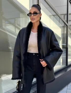 Двухсторонняя черная шуба-дублёнка из итальянской  тосканы