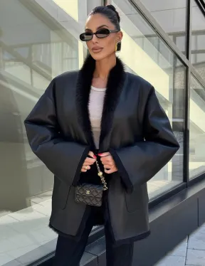 Двухсторонняя черная шуба-дублёнка из итальянской  тосканы