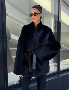 Двухсторонняя черная шуба-дублёнка из итальянской  тосканы