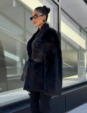 Двухсторонняя черная шуба-дублёнка из итальянской  тосканы