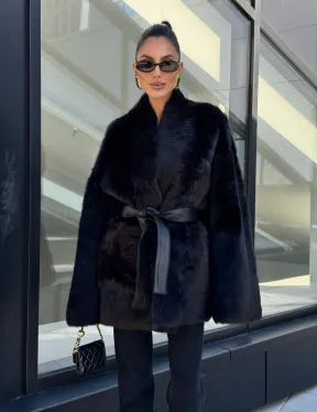 Двухсторонняя черная шуба-дублёнка из итальянской  тосканы