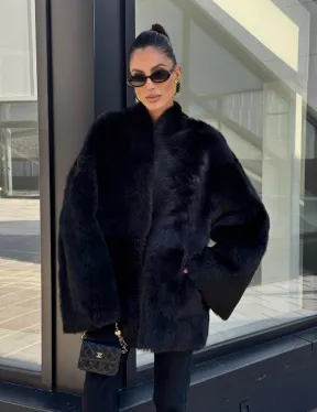 Двухсторонняя черная шуба-дублёнка из итальянской  тосканы