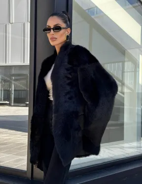 Двухсторонняя черная шуба-дублёнка из итальянской  тосканы