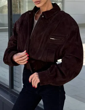 Женская короткая натуральная замшевая куртка - цвет коричневый