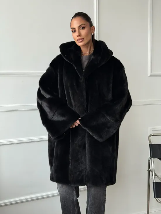 Шуба натуральная женская из норки Blackglama с капюшоном