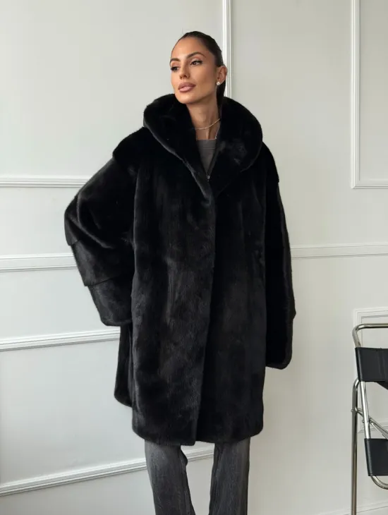 Шуба натуральная женская из норки Blackglama с капюшоном