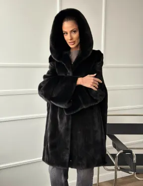 Шуба натуральная женская из норки Blackglama с капюшоном
