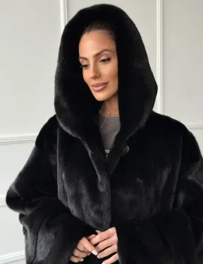 Шуба натуральная женская из норки Blackglama с капюшоном