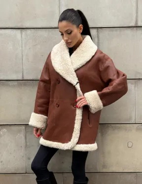 Двусторонняя женская дубленка из натуральной кожи с воротником шаль, на пуговицах