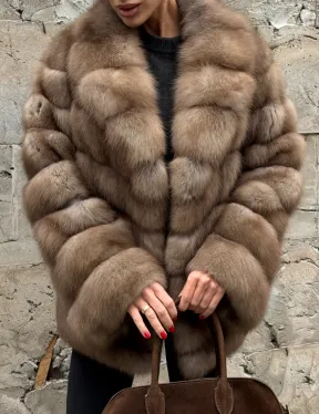 Полушубок из меха куницы пастель английский воротник