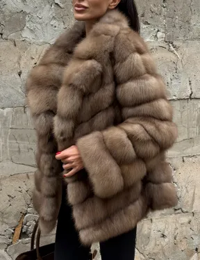 Полушубок из меха куницы пастель английский воротник