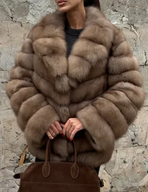 Полушубок из меха куницы пастель английский воротник