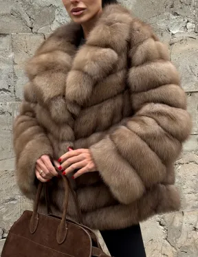 Полушубок из меха куницы пастель английский воротник